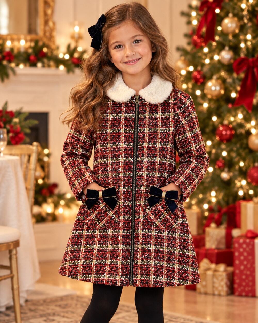 BLUEBERI BOULEVARD Girls Size 8 Plaid Tweed Holiday Coat Faux Fur Velvet Bows